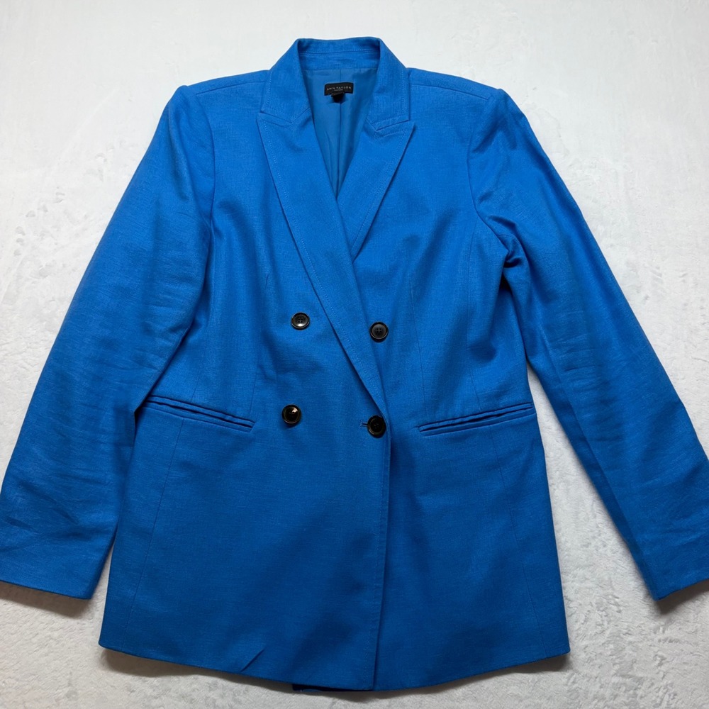 Ann Taylor Factory Blazer 10 Cobalt Blue Double Breasted Linen Blend Jacket